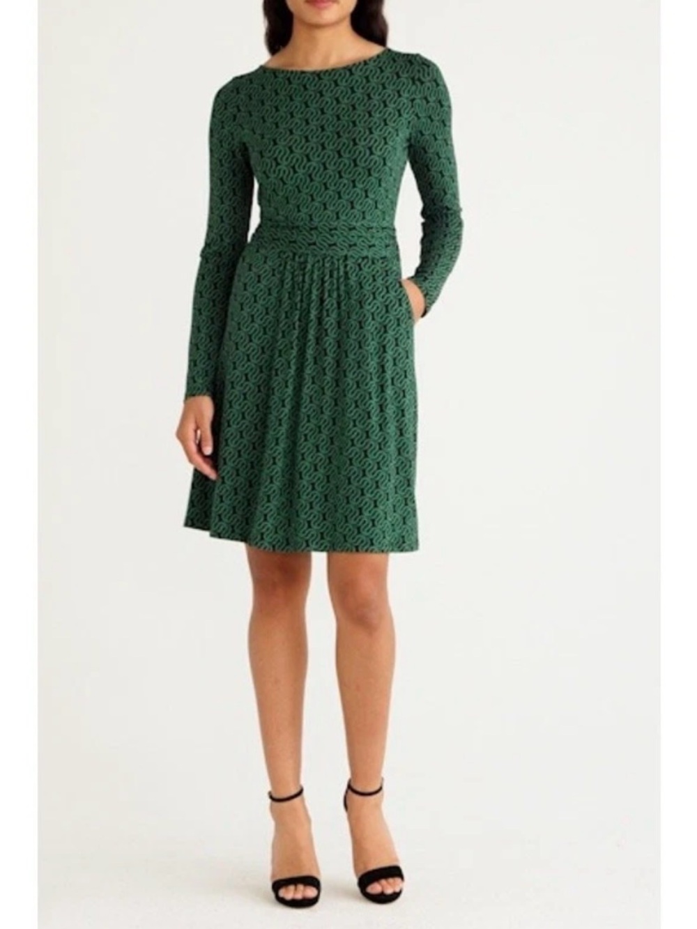 Boden Abigail Long Sleeve Jersey Dress Green Black Ribbon Wave Pattern US 10P